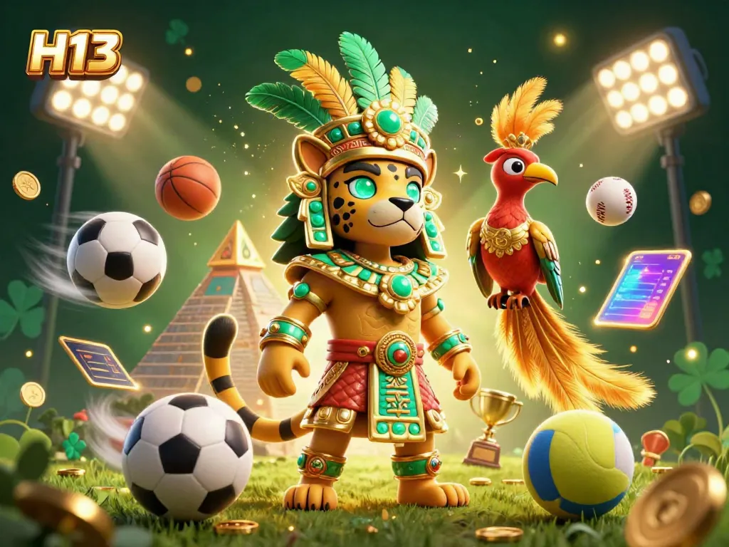 Engage with H13's dynamic gaming scene featuring captivating Mayan characters and vibrant sports elements.