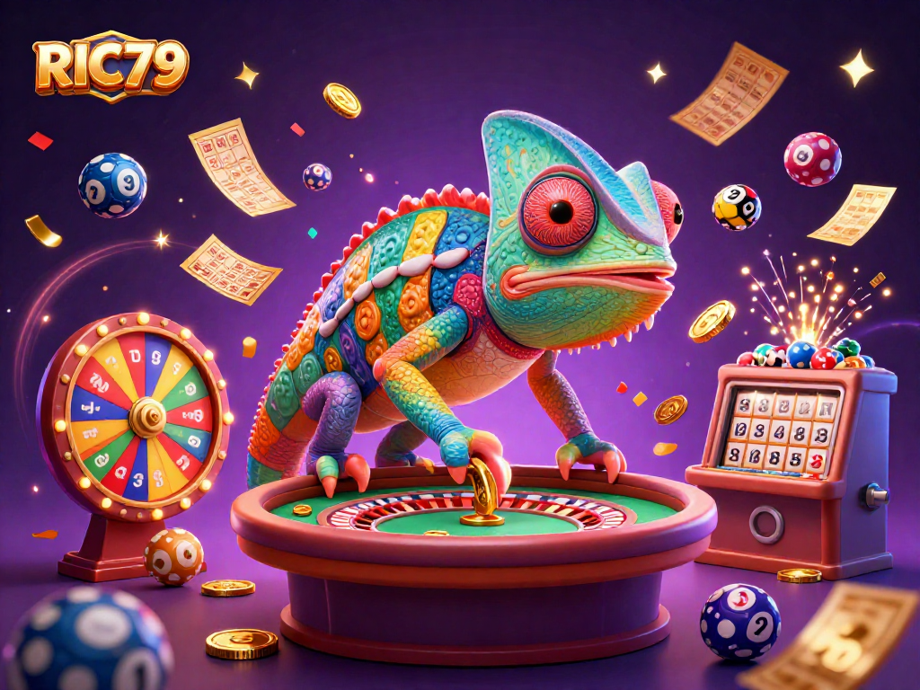 Join the excitement of RIC79 as the colorful chameleon captures golden coins and lottery winnings.