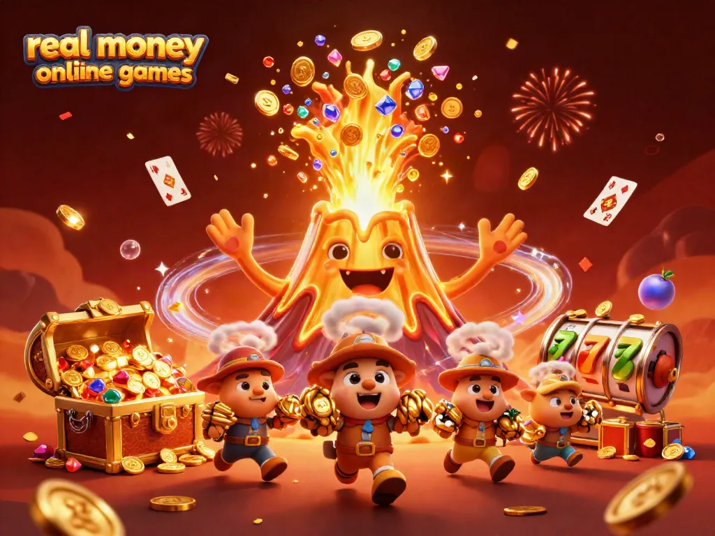 Experience thrilling gameplay with real money online casino games amidst a vibrant volcano erupting treasures.