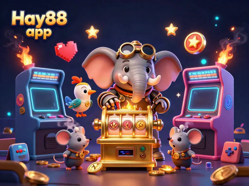 Experience the Hay88 app in vibrant 3D, featuring a steampunk elephant and colorful casino elements.