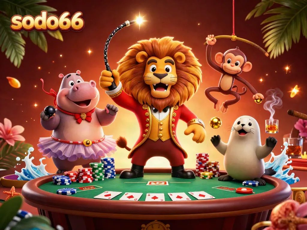 Experience the thrill of SODO66 with vibrant 3D circus characters and casino games interaction around a poker table.