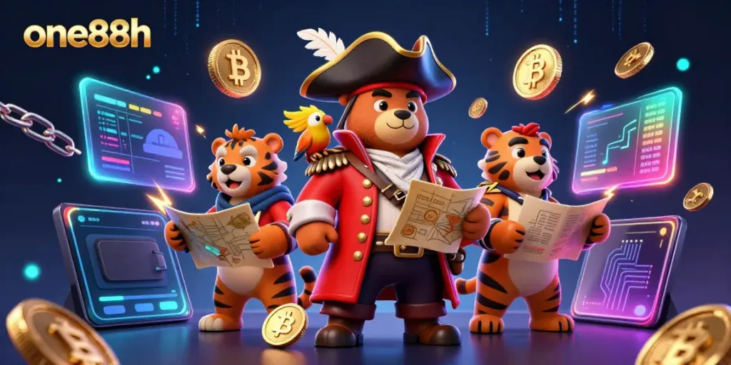 Engage with one88h through this colorful scene featuring a pirate captain and tiger, surrounded by cryptocurrency.