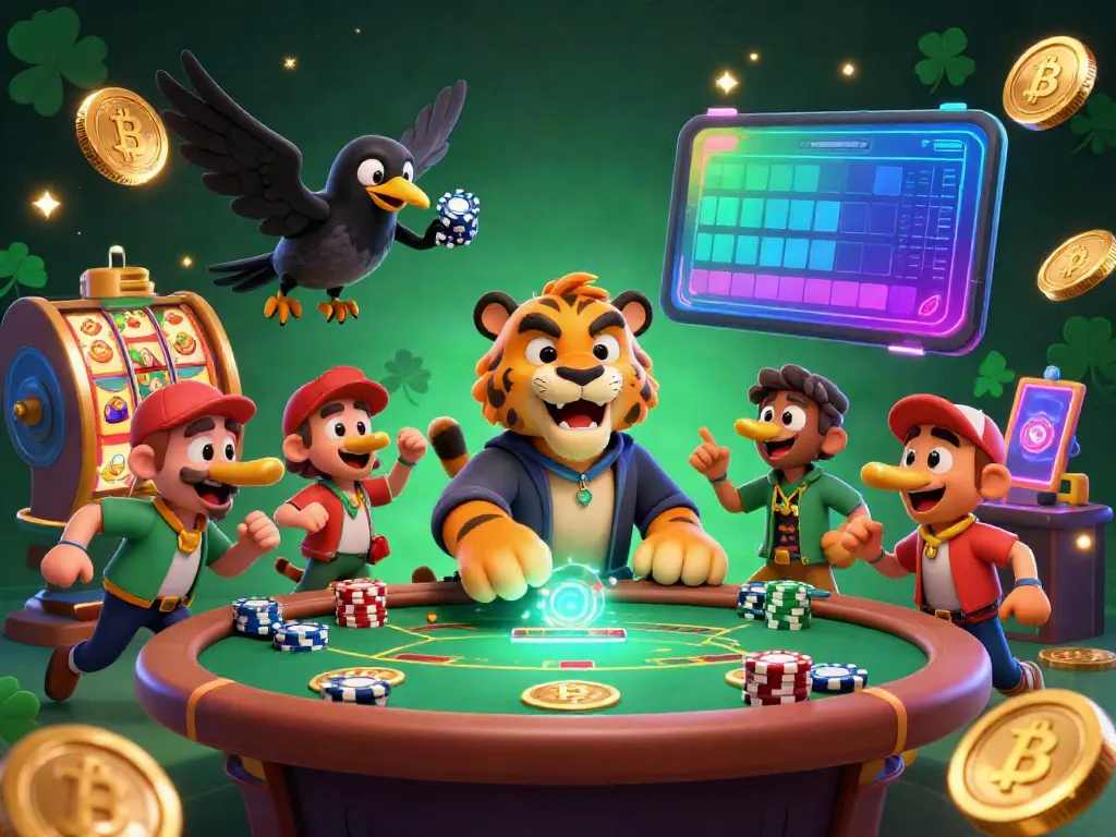 Play exciting casino games with Fabet, featuring a lively sabertooth tiger dealer and a clever crow in a vibrant online setting.