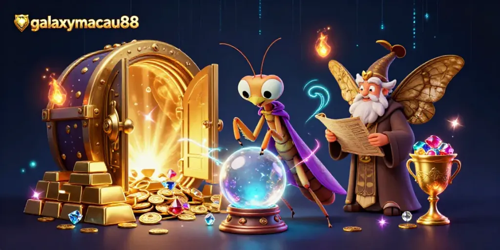 Experience the magic of galaxymacau88 with enchanting fortune tellers and treasure in a dynamic casino scene.