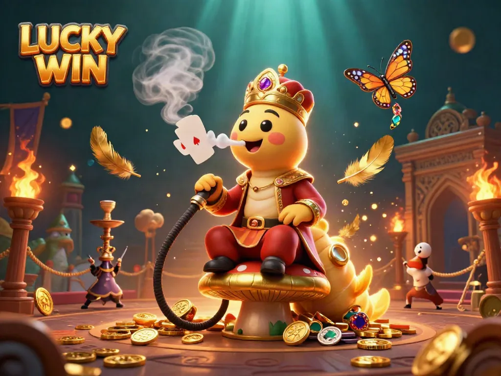 Engage in the LUCKY WIN experience with a vibrant 3D illustration showcasing casino symbols and mystical elements.