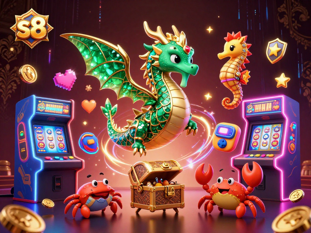Experience thrilling gameplay at s8 with vibrant elements like a sea dragon and arcade machines.
