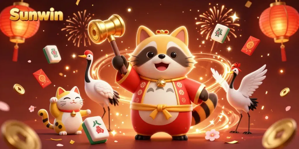 Experience exciting wins with Sunwin in this vibrant, animated casino scene showcasing festive characters.