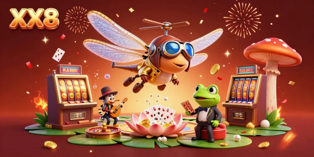 Experience the excitement of XX8 in this vibrant casino-themed 3D illustration featuring a dragonfly pilot and frog croupier.
