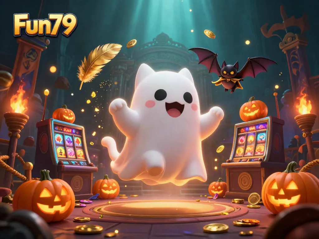 Experience thrilling gameplay at Fun79 with a ghost cat in a haunted casino setting.