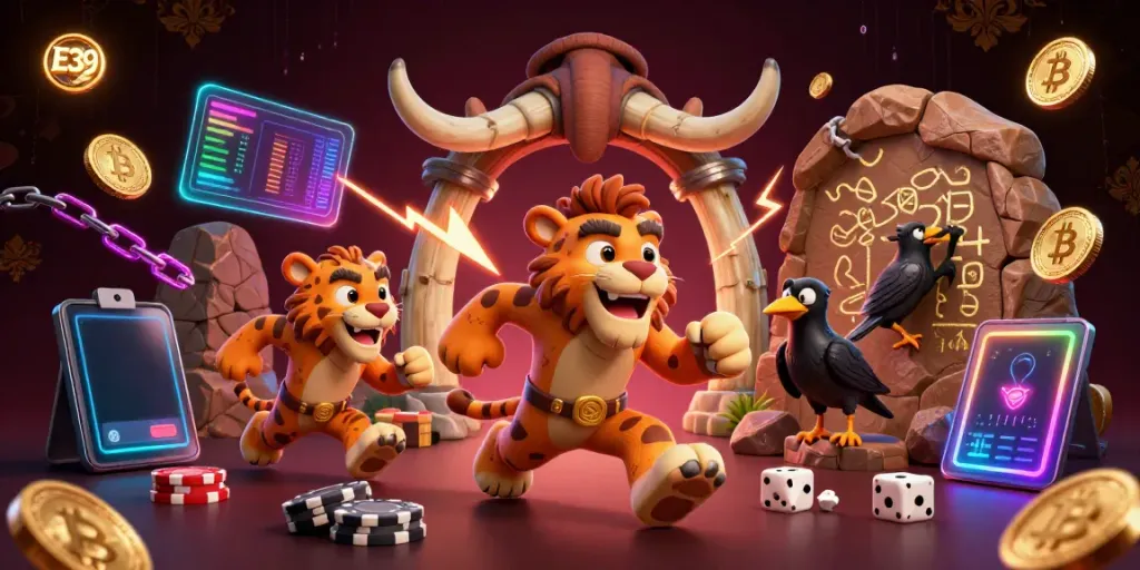 E39 brings thrilling casino fun with cavemen and crypto elements in a vibrant, animated scene.