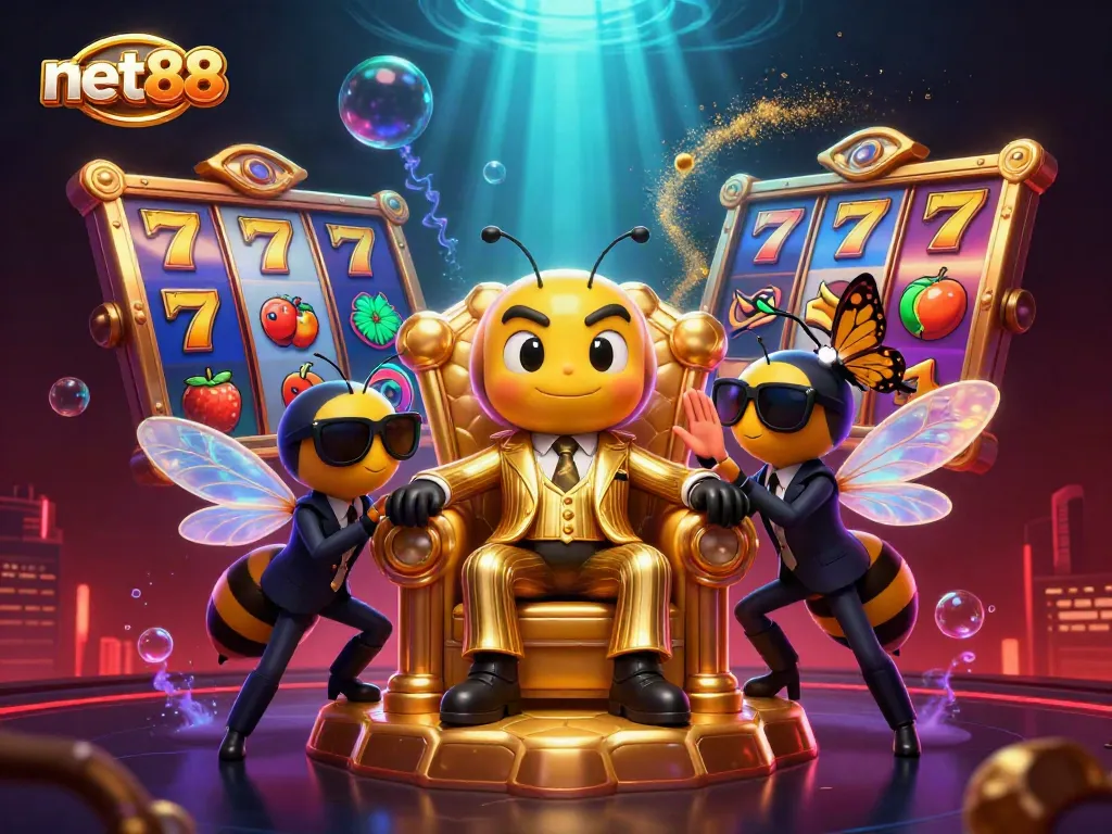 Explore net88's exciting online slots with vibrant symbols and dynamic characters in a packed 3D scene.