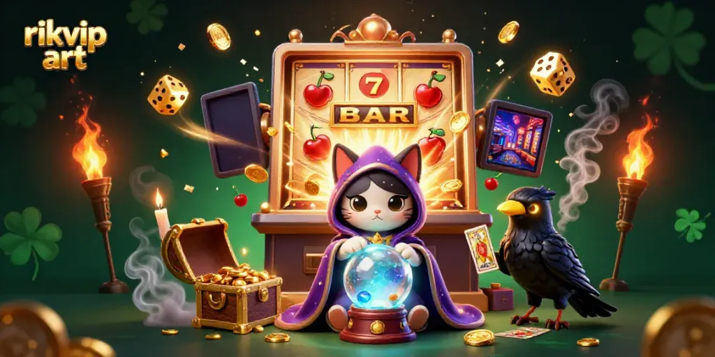 Spin the reels with rikvip art showcasing a mystic fortune teller cat, tarot raven, and explosive slot machine.