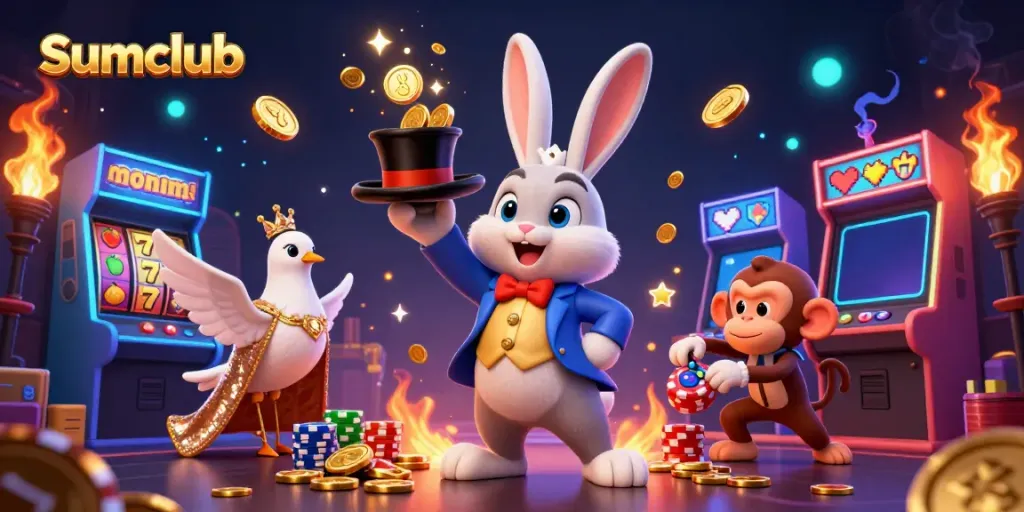 Experience the magic of Sumclub with a whimsical casino scene showcasing a rabbit, dove, and monkey amidst colorful games and treasures.