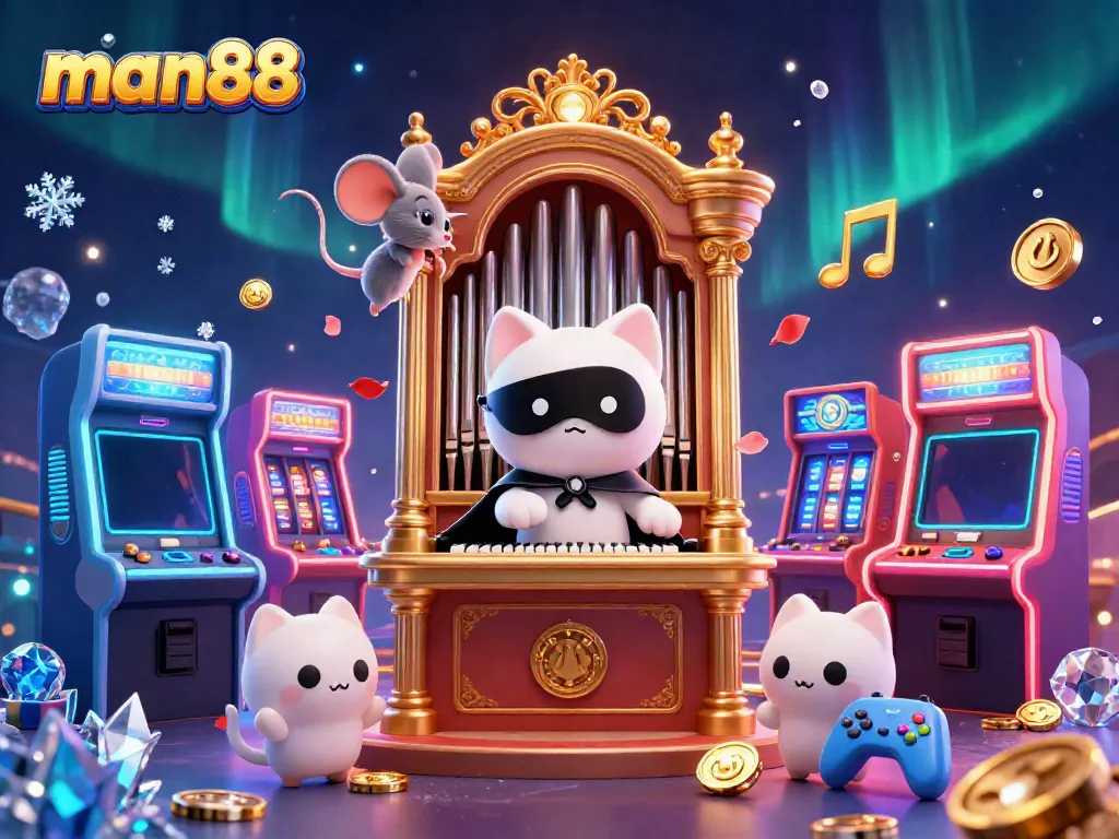 Experience man88's thrilling casino atmosphere with an enchanting illustration featuring whimsical characters amidst vibrant gaming elements.