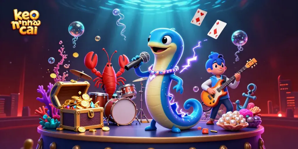 Engage with the thrilling underwater scene of keo nha cai featuring a DJ eel and vibrant marine life in a casino.