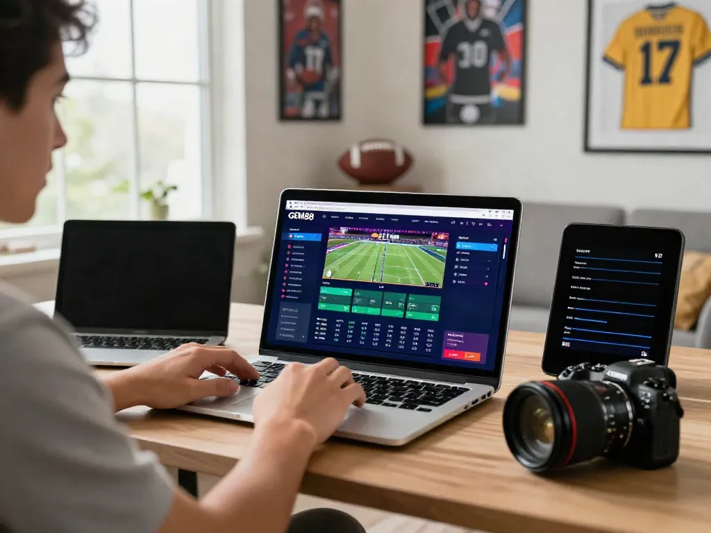 Excited user engaging with https://gem88.jpn.com/ on laptop in vibrant home sports betting setup.