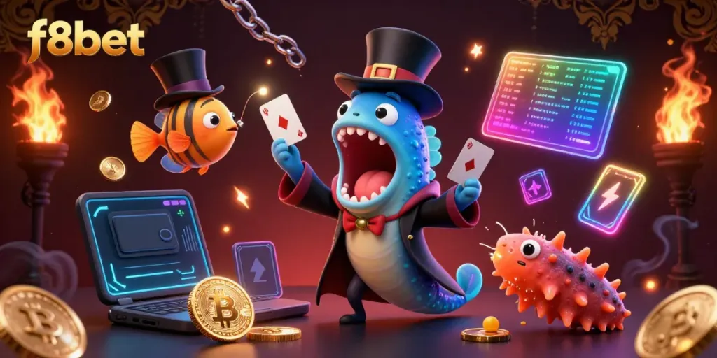 Engage in thrilling magic with f8bet's vibrant 3D casino scene featuring vibrant characters and crypto elements.