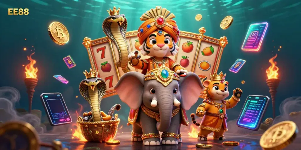 Experience exhilarating winnings with EE88 in a vibrant casino scene full of slot machines and fortune.