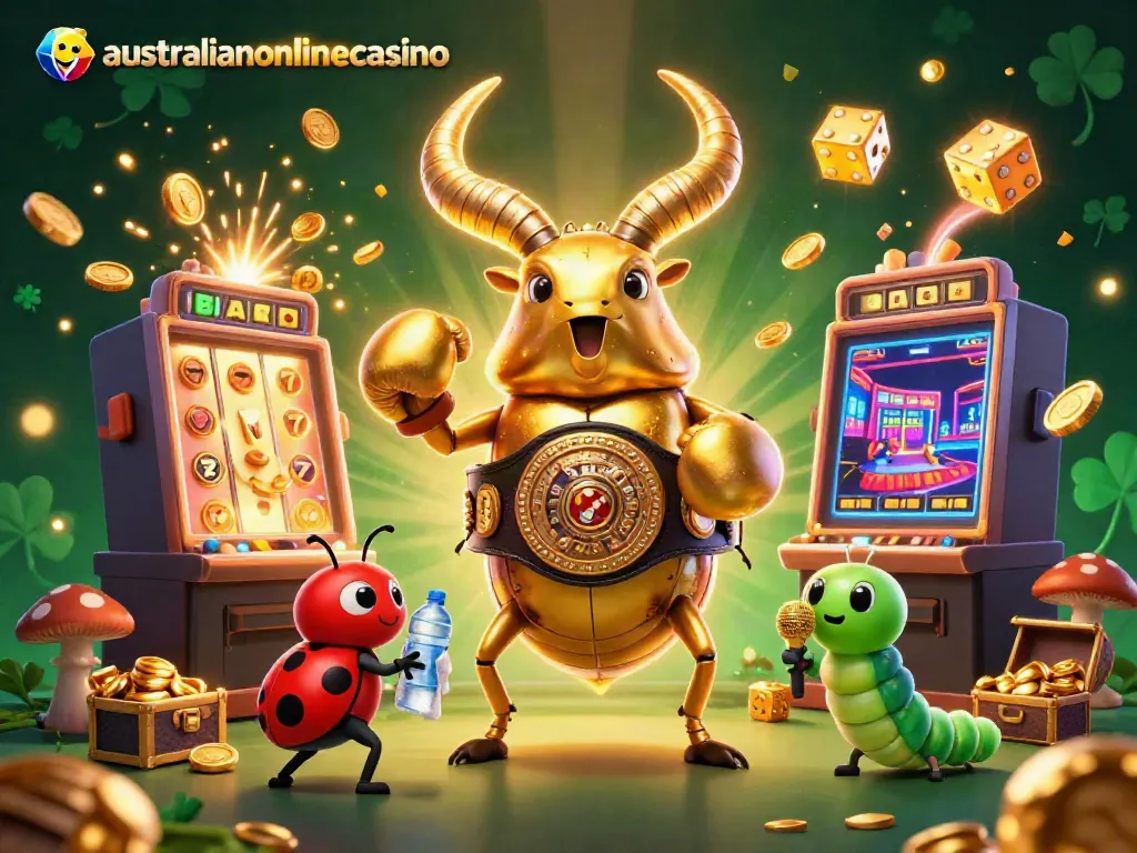 Experience thrilling wins at australianonlinecasino with a giant stag beetle as champion in a vibrant casino scene.