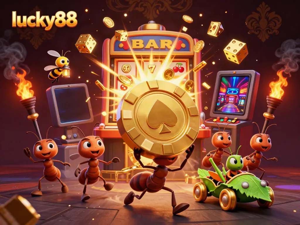 Experience the excitement of lucky88 with a heist scene featuring ants, a golden poker chip, and vibrant casino elements.