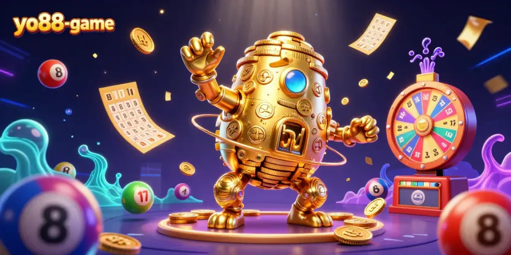 Join the excitement at yo88-game with the ancient golden golem and colorful gambling elements!