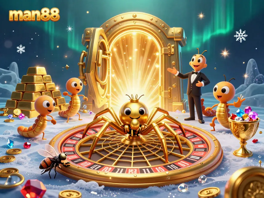 Experience the thrill at man88 with a golden spider roulette scene, filled with treasures and excitement.