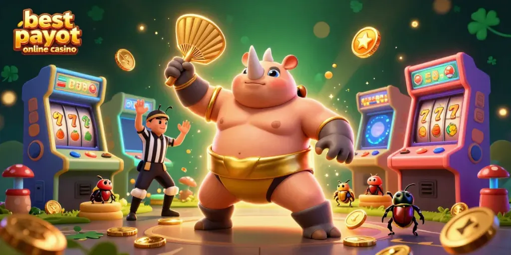 Marvel at the dynamic scene showcasing the best payout online casino featuring a rhinoceros beetle sumo champion amidst gold coins and arcade elements.