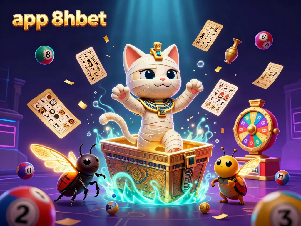 Engage with the exciting app 8xbet in this vibrant 3D scene featuring a mummy cat in a casino.