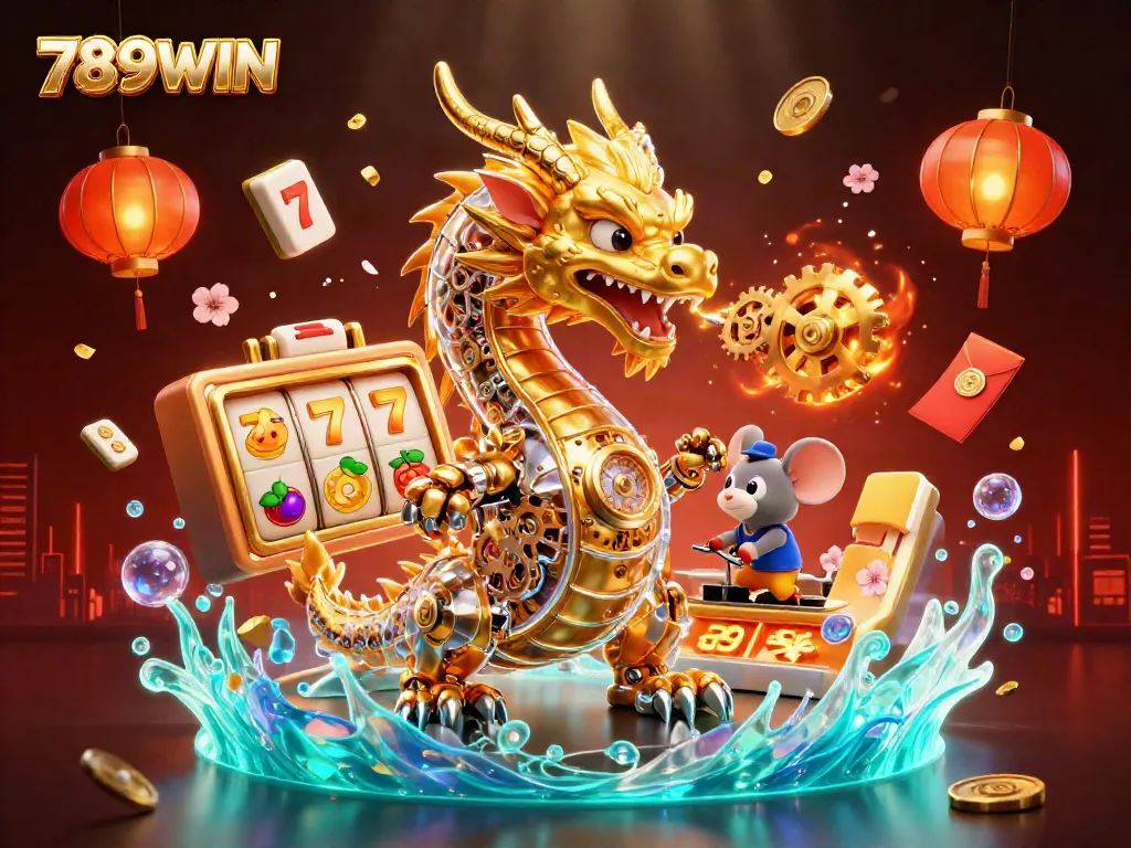Engage with 789WIN's thrilling slots in a vibrant casino-inspired illustration