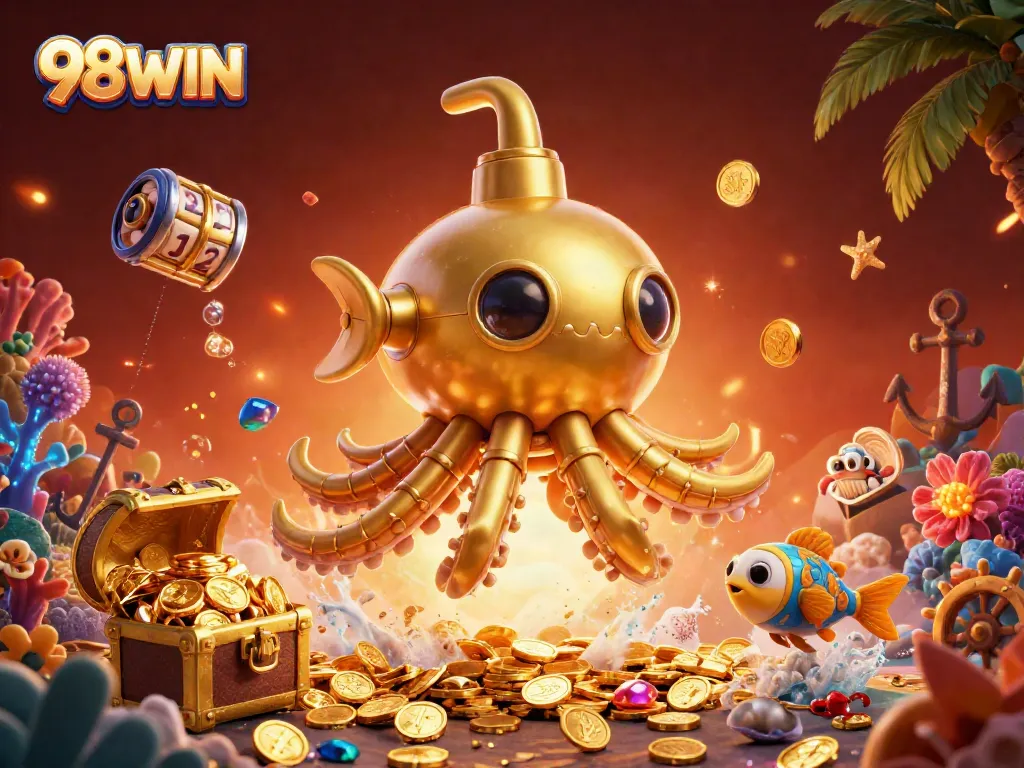 Experience thrilling gaming adventures with 98WIN's vibrant underwater casino illustration featuring a kraken submarine.
