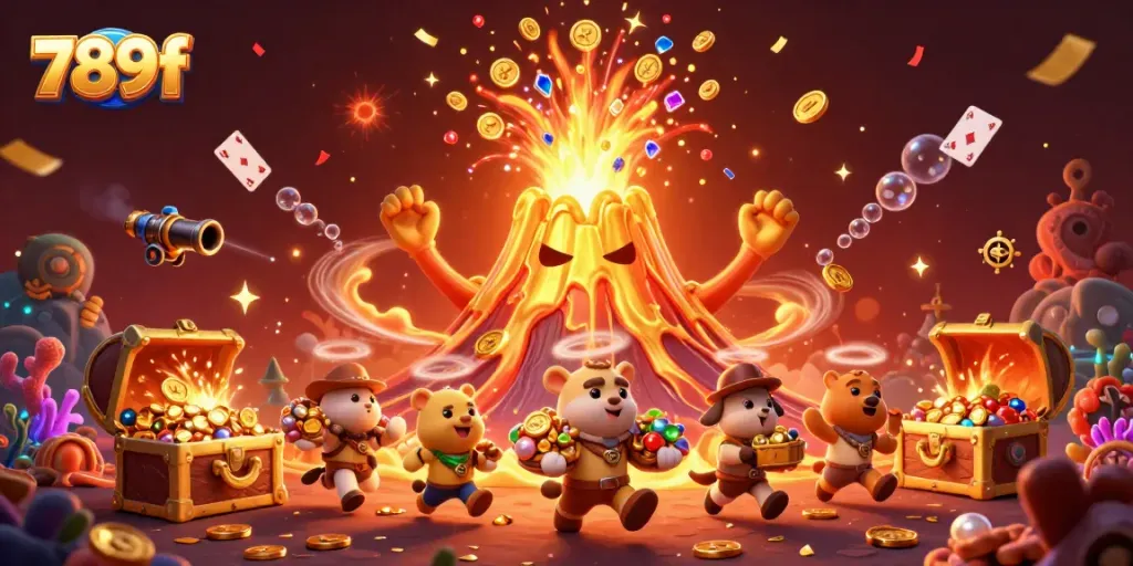 Win exciting treasures at 789f casino with playful characters and vibrant gold eruptions.