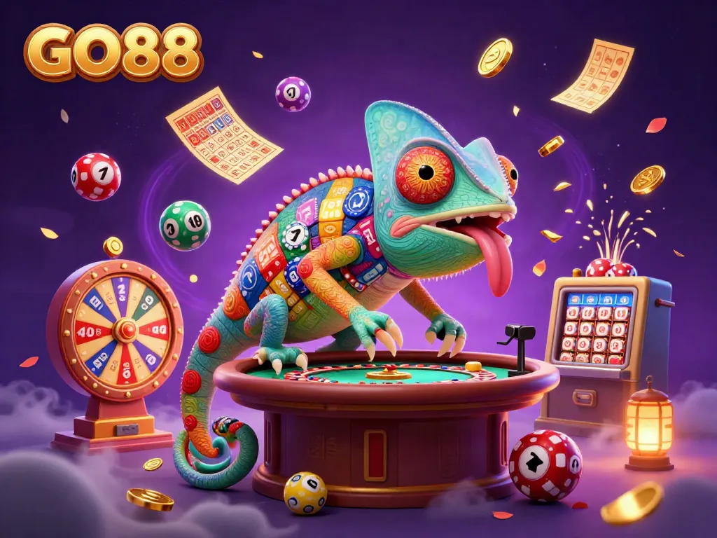 Experience the vibrant energy of GO88 with a playful chameleon owner amidst dynamic casino game elements.