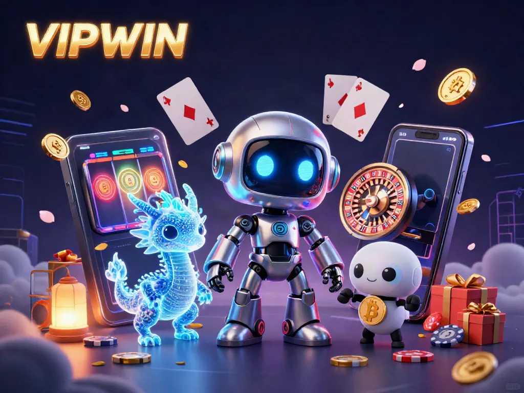 Experience winning thrills at VIPWIN with immersive 3D casino visuals, vibrant gaming elements, and engaging characters.