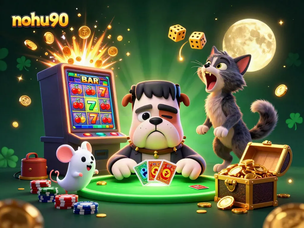 Experience thrilling games at nohu90 with a lively illustration of a casino scene featuring unique characters.