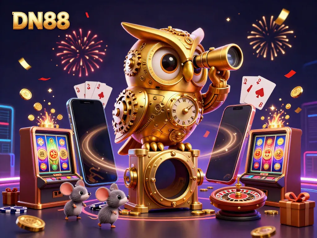 Experience the thrill of DN88’s gaming platform, featuring the majestic clockwork owl and vibrant casino elements.