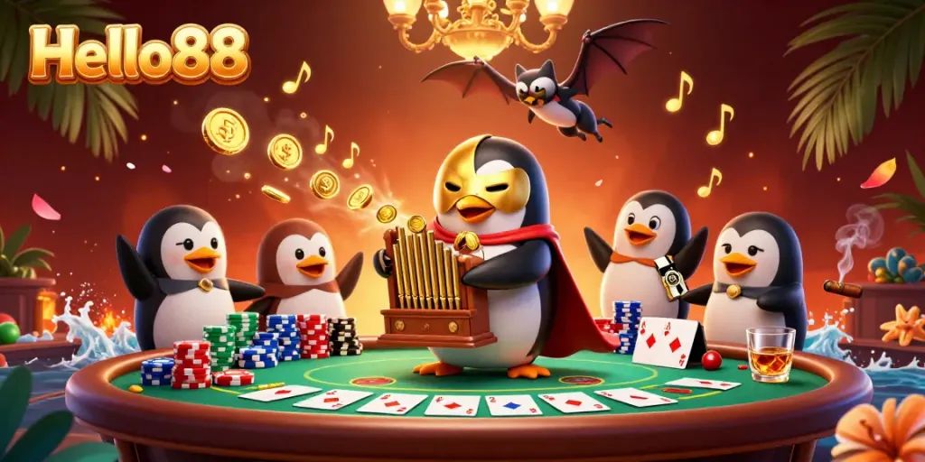 Experience Hello88's exciting casino atmosphere, highlighted by a penguin organist and dynamic gaming elements.