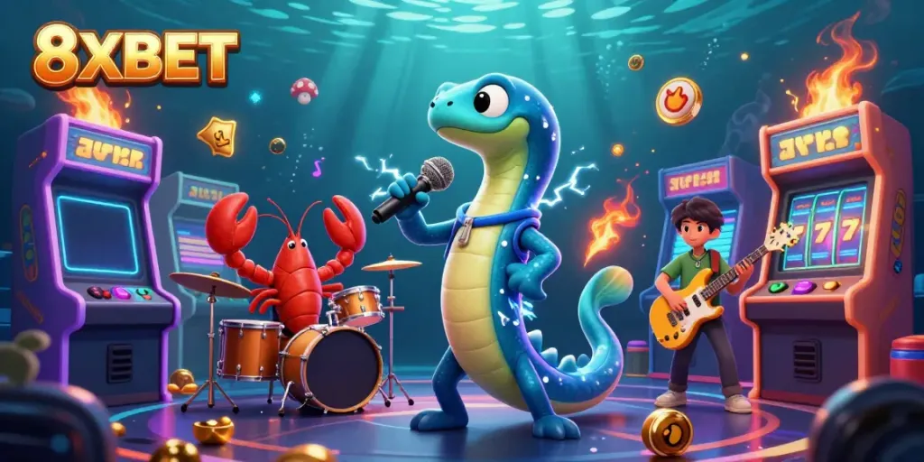 Experience thrilling gaming at 8XBET with an undersea casino scene featuring an electric eel DJ and vibrant game elements.