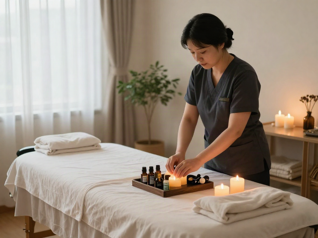 Relaxing massage therapy room for 동탄출장마사지 with calming ambiance and essential oils.
