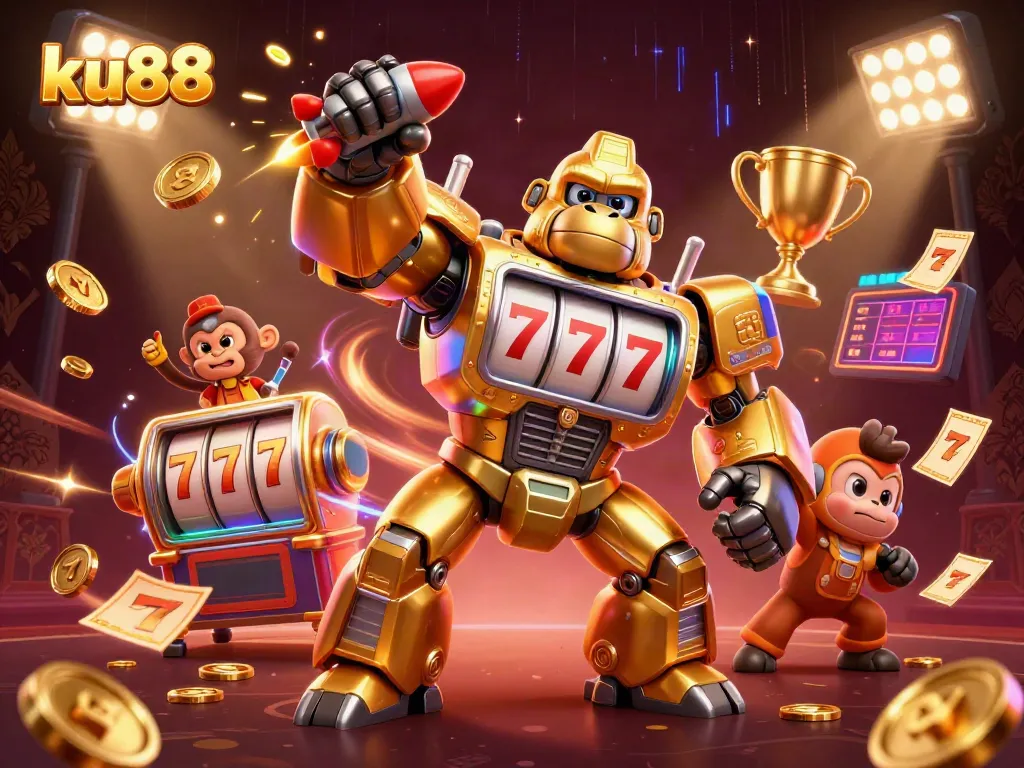 ku88 showcases a golden gorilla mech breaking through the gambling scene with vibrant elements and dynamic action.