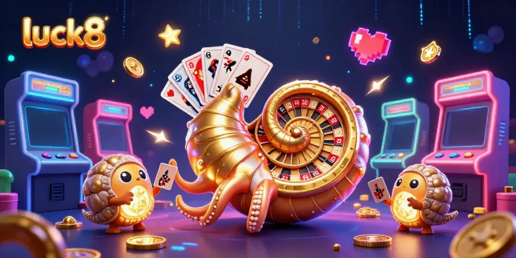 Experience luck8's vibrant gaming atmosphere with a giant nautilus roulette wheel amidst glowing arcade elements.