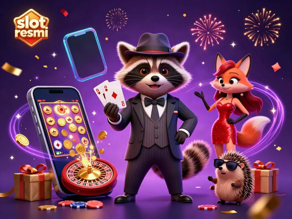 Experience the excitement of slot resmi with a raccoon, fox, and hedgehog in a vibrant casino scene.