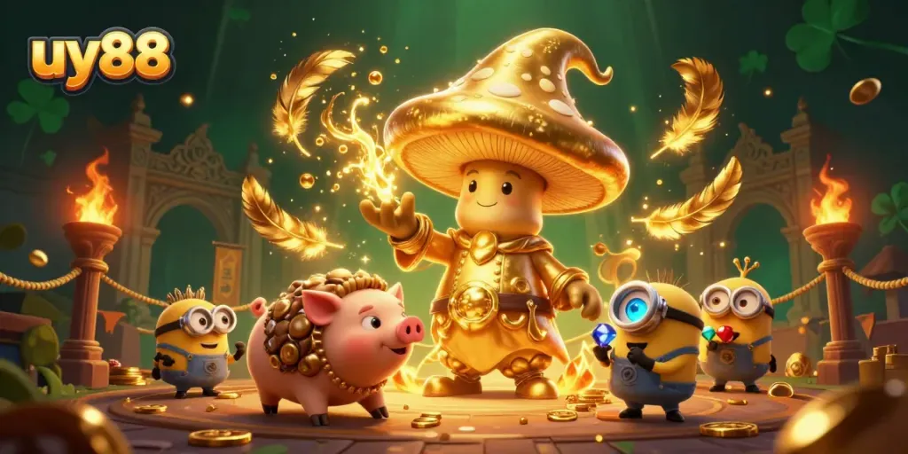 Experience the magic of uy88 with golden characters amidst vibrant casino elements.
