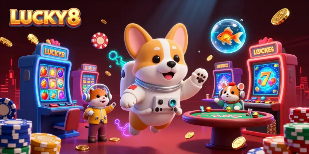 Experience excitement at LUCKY8 with a vibrant 3D casino scene featuring floating games and characters.