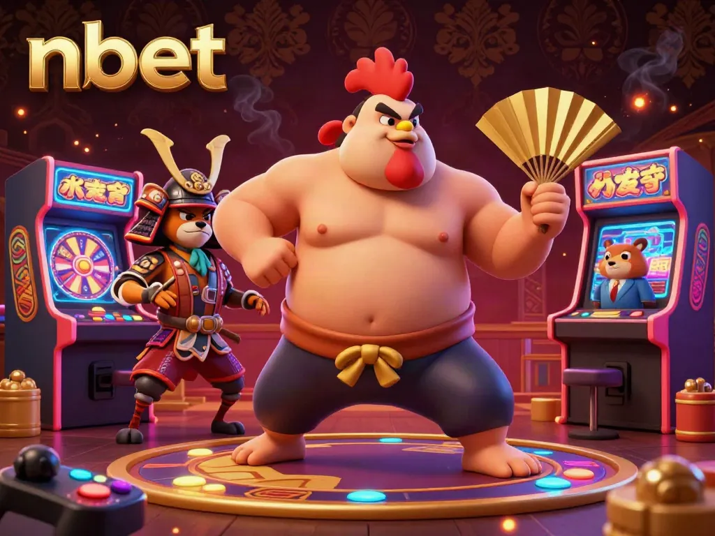 Engage in dynamic gameplay with nbet illustrated by a powerful sumo rooster, fierce samurai cricket, and a tanuki announcer.