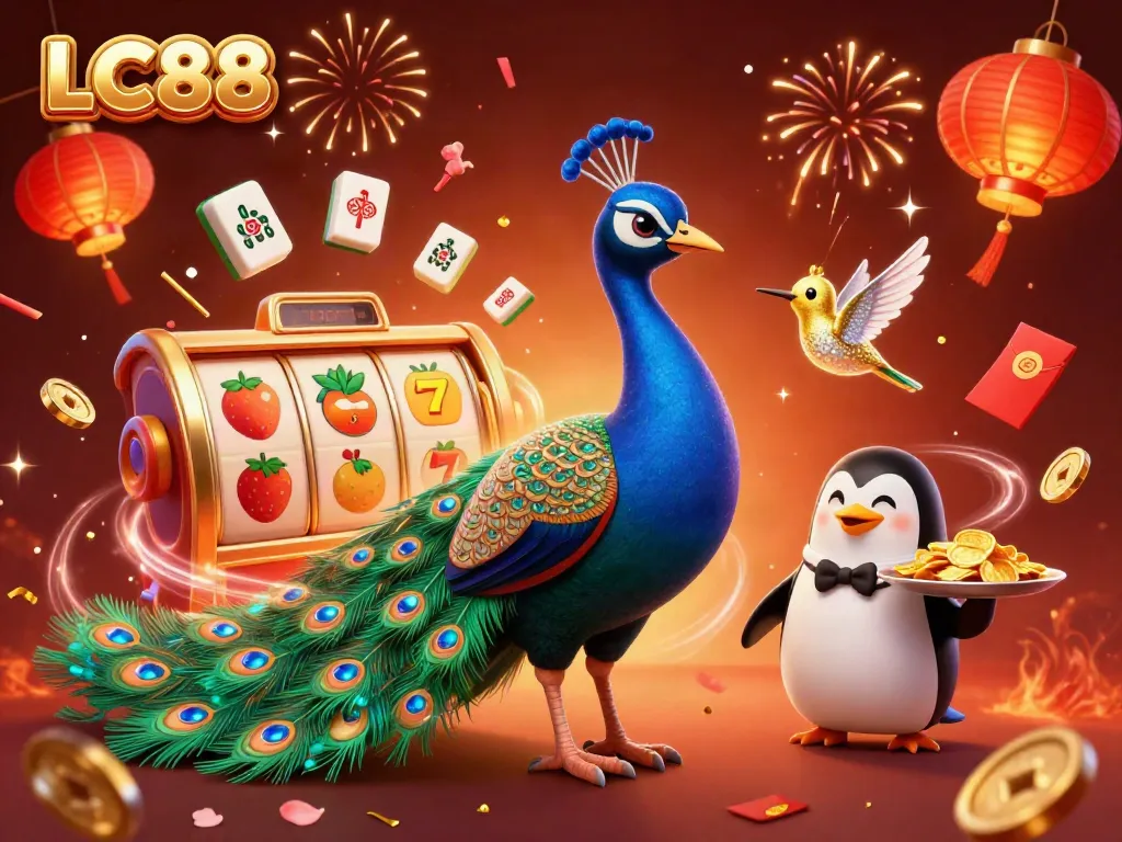 LC88 peacock and penguin celebrate with slot reels, symbols, and festive elements.