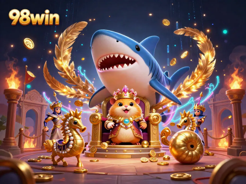 Experience the excitement of 98win with a golden hamster king in an epic underwater casino scene.