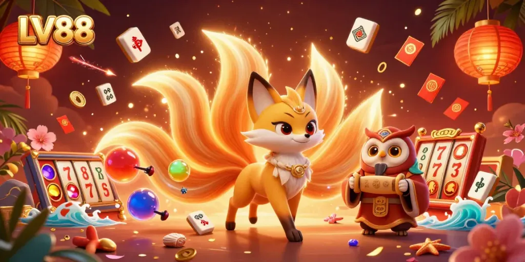 Experience vibrant gaming excitement at LV88 with a mystical fox and wise owl in a colorful, dynamic scene.