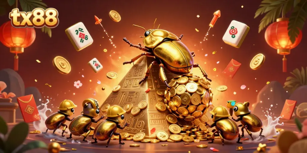 Experience the excitement at tx88, where a golden dung beetle rolls coins in a vibrant casino-themed setting.