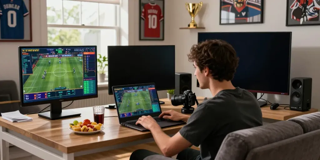 Enthusiastic player engaging with online sports betting at https://zbet.cymru/ in a dynamic environment filled with gaming memorabilia.