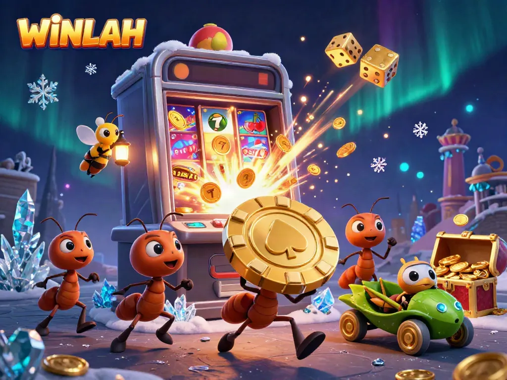 WINLAH ants carry a golden poker chip in a dynamic casino heist scene, bursting with colorful slot symbols.